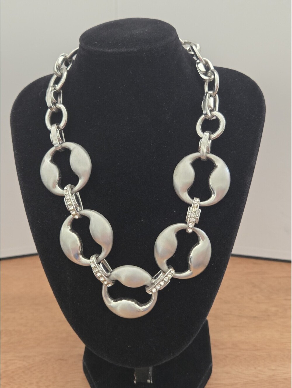 Silver Tone Chunky Link Statement Necklace Clear Rhinestone Accents 18" Fashion